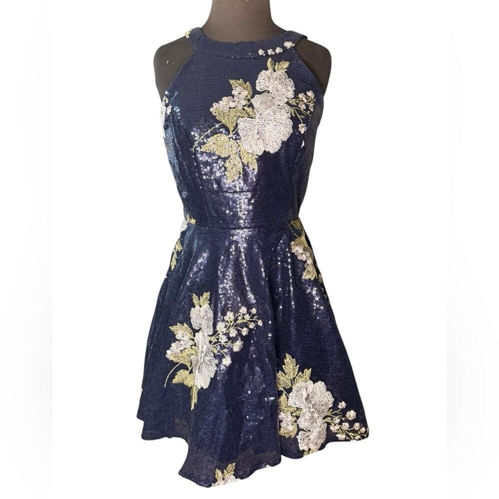 Y2K Sequin Floral Halter Mini Dress Womens Size 9 Hoco Whimsy Romantic Glam